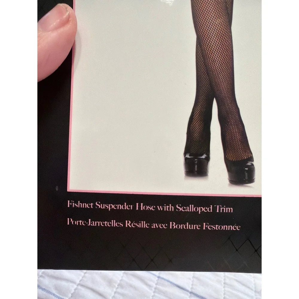 Leg Avenue 1941 Black Fishnet Suspender Hose Scalloped Trim One Size NIB